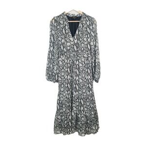NEW‎ Sugarlips Midi Dress S Gray Snake Print Metallic Weave Tiered Long Sleeve